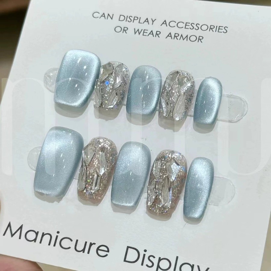 Handmade Press On Nails 10pc Pink Glitter Cat-Eye Design Oval Short Shape Glossy