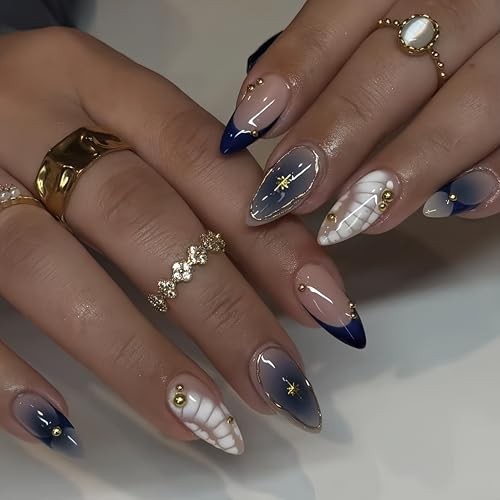 24Pcs Ombre Blue Press on Nails Medium Almond Fake Nails with Rhinestones