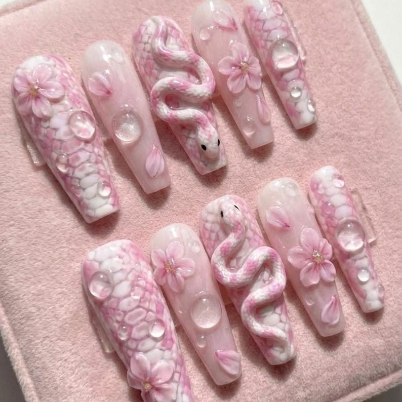 Pink Snake Press On Nails, 3D Sakura Cherry Blossom Nails, Luxury Sculpted Nails