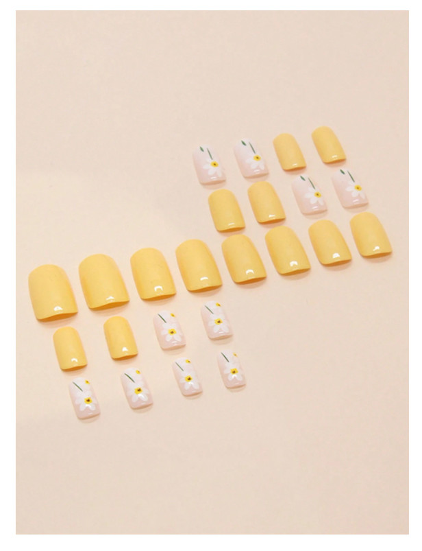 24Pcs Midi Geometric Floral Style Matte Yellow Nail Tips