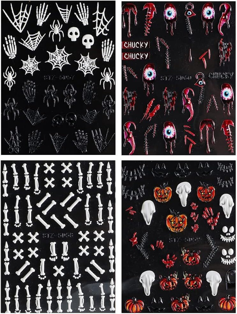 Halloween Nail Art Stickers, 5D Embossed Halloween Nail Decals Skull Ghost Pumpk