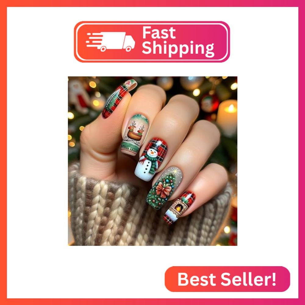 24Pcs Christmas Press on Medium Square Fake Nails with Xmas Tree Snowman Deer De