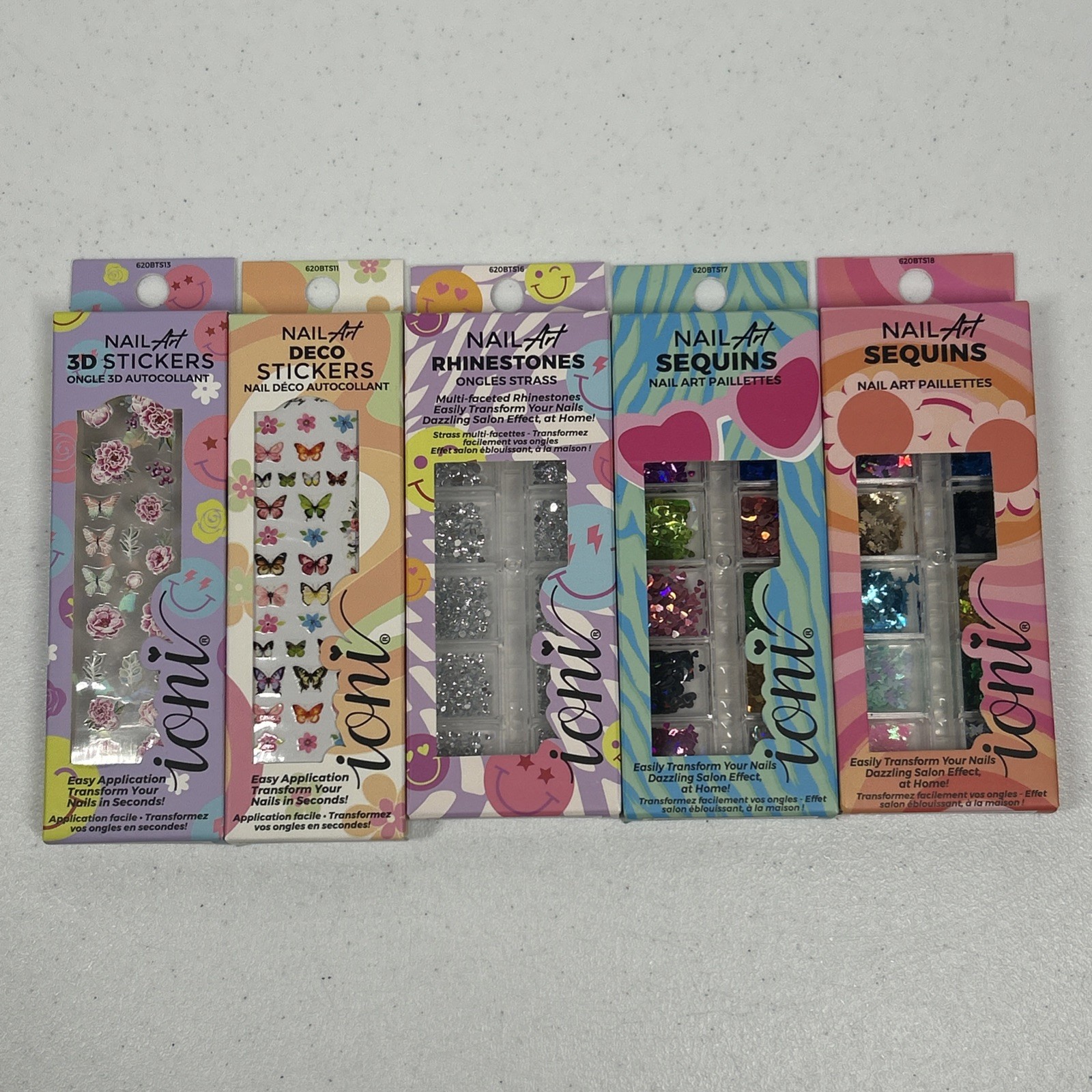 Ioni Press Nail Art Stickers Sequins Rhinestones Lot Of 5 Packs NIB Variety Pack