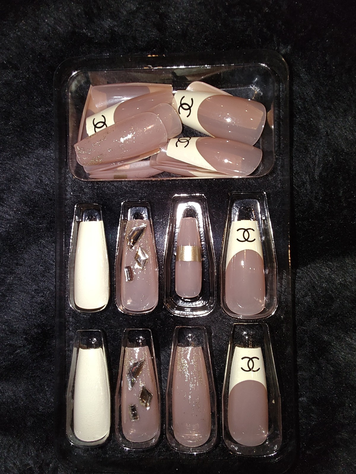 French Salon Quality Press On Nails Luxury Logo Print Rhinestone Long Coffin