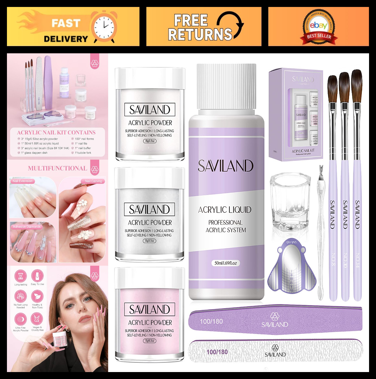 Acrylic Nail Kit Starter Set for Beginners – White Pink Clear Powder, Liquid, To