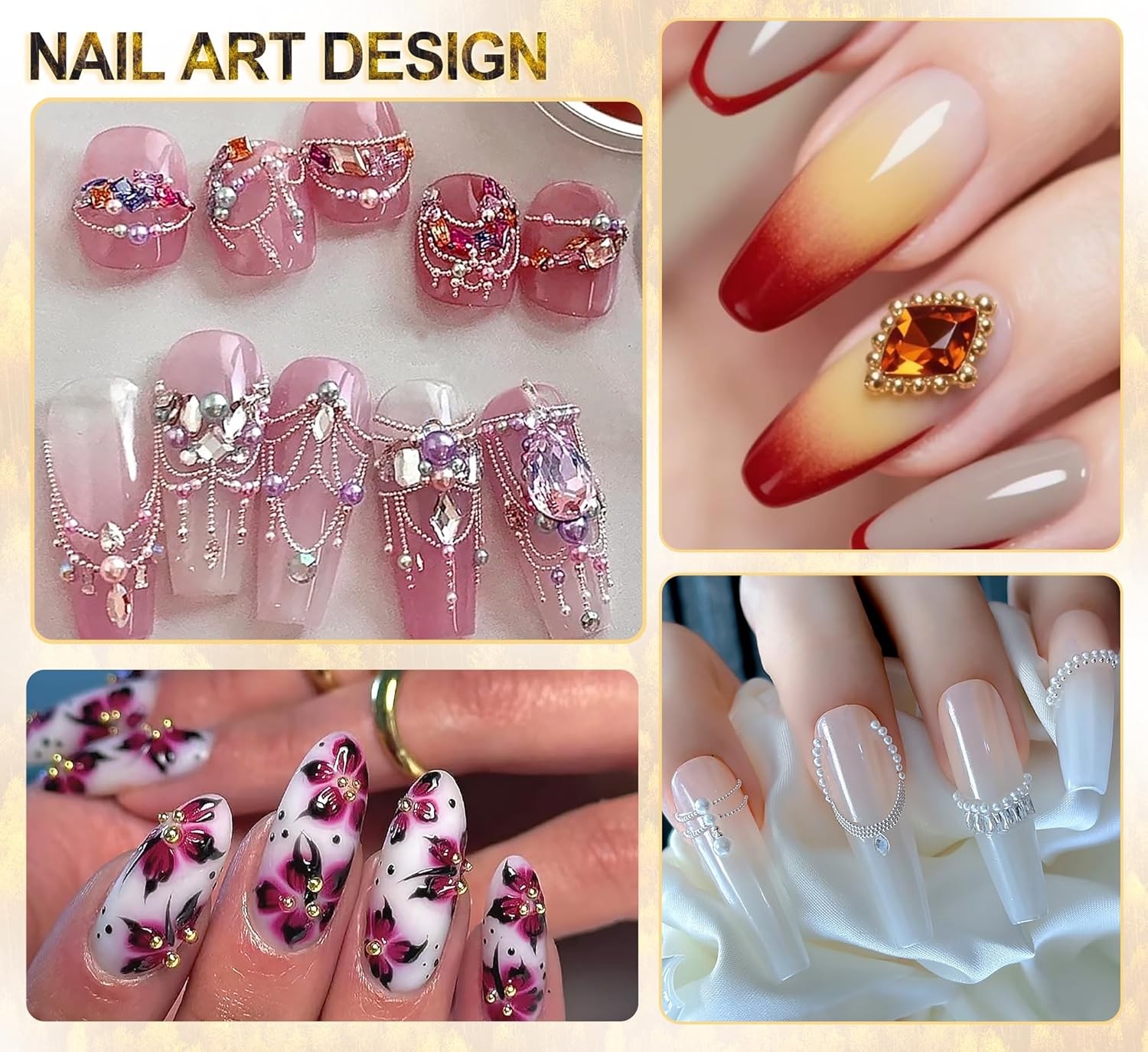 Gold and Silver Nail Art Charms Kit with Caviar Beads Flatback Pearls and Chain