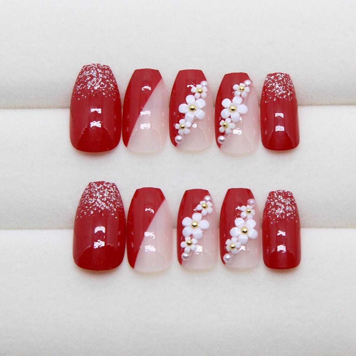 48Pcs-Medium Square Wine Red Glitter Gradient Flower Rhinestone Press on Nails