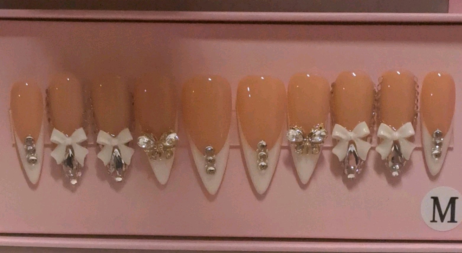 Handmade Stiletto Press On Nails Nude White French Tip Bow Rhinestone Bling