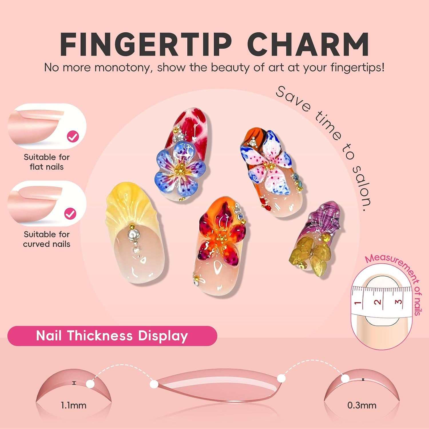 HOSAILY 3D Flower Summer Press on Nails Medium Almond, 24Pcs Colorful Butterfly