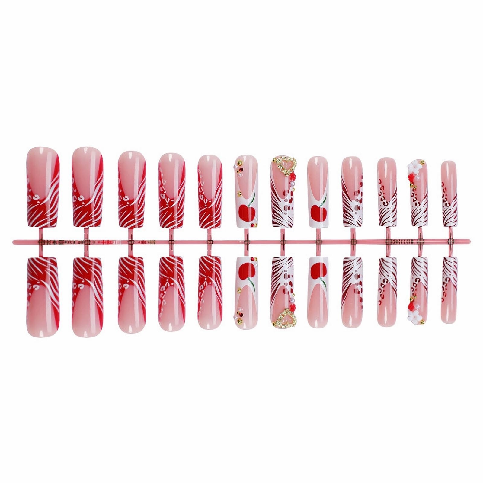 Cheetah Press On Nails – Red White Rhinestone Cherry Acrylic Long Square 24Pcs