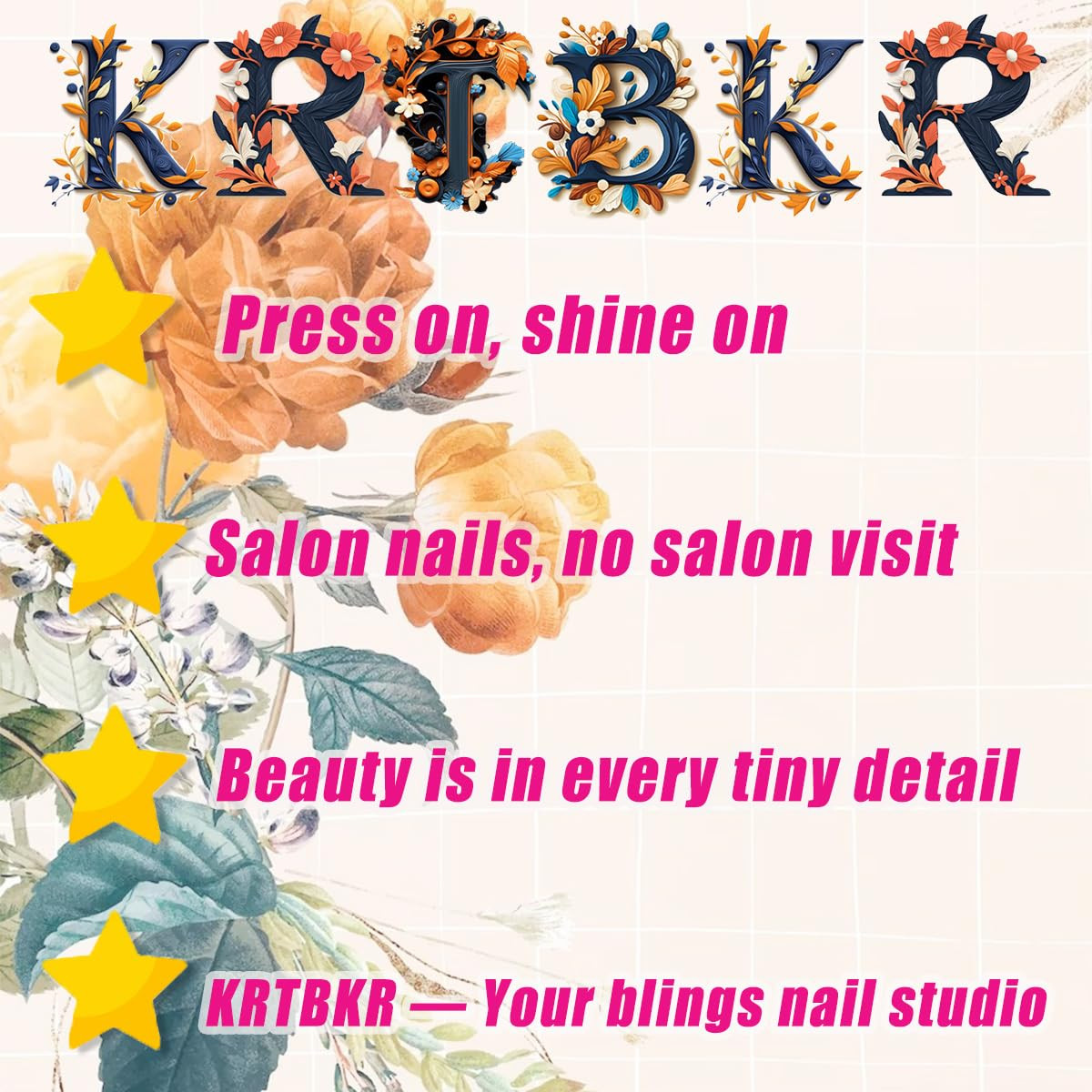 24Pcs Flower Press on Nails Medium Almond Fake Nails 3D Floral with Gold Pearl R