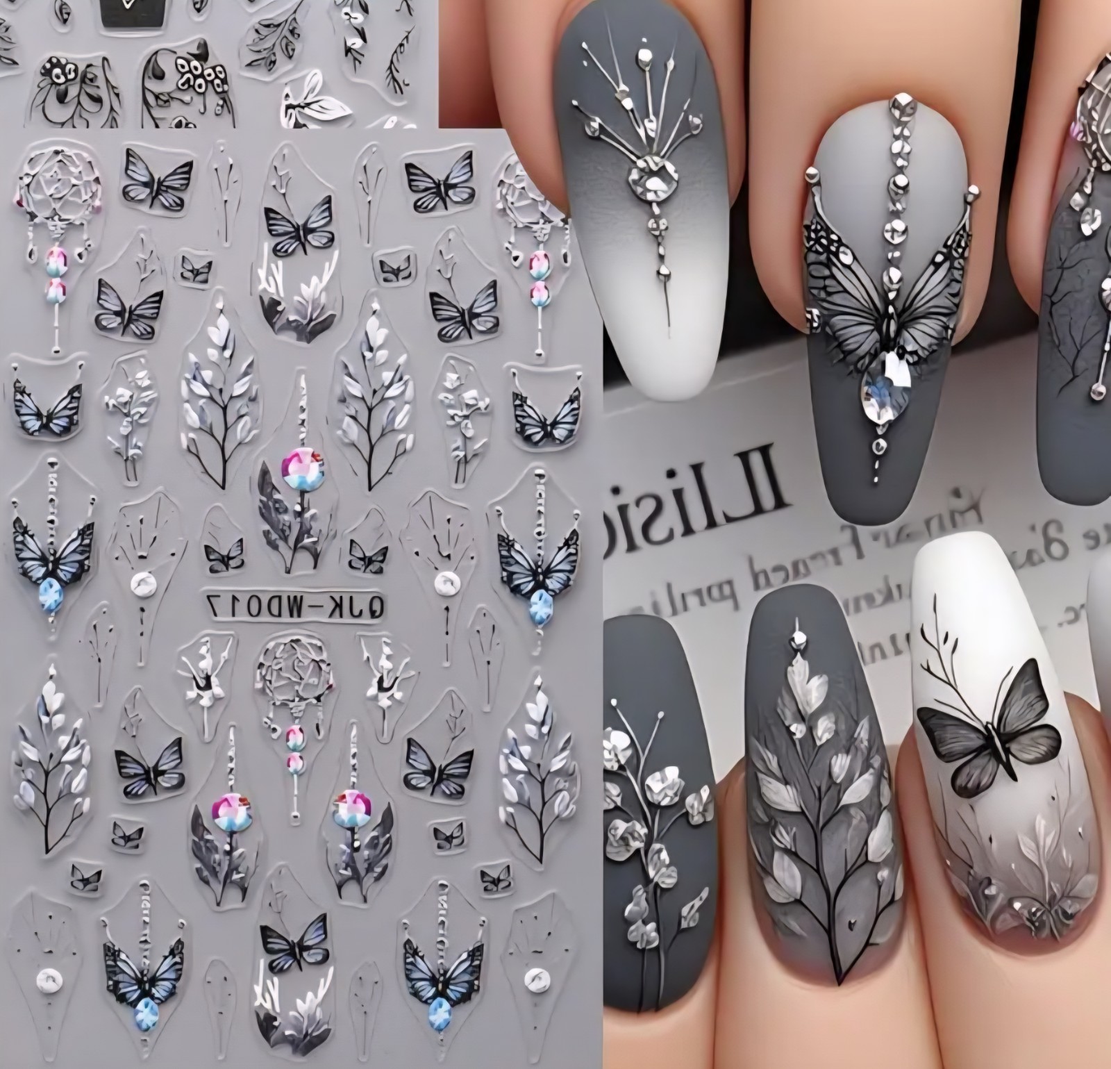 2 Pc Silver Black Nail Art Transfer Stickers Butterfly Scrolling Floral Gem Pink