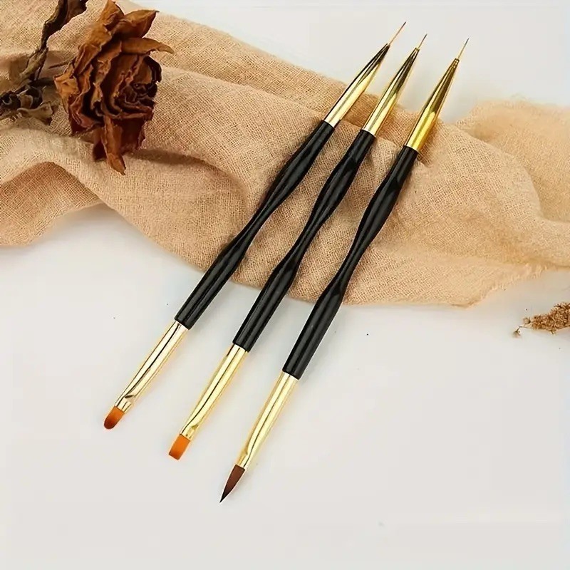 3PCS Double-Ended Nail Art Brush Set | Black Handle Gel Painting & Liner Brushes
