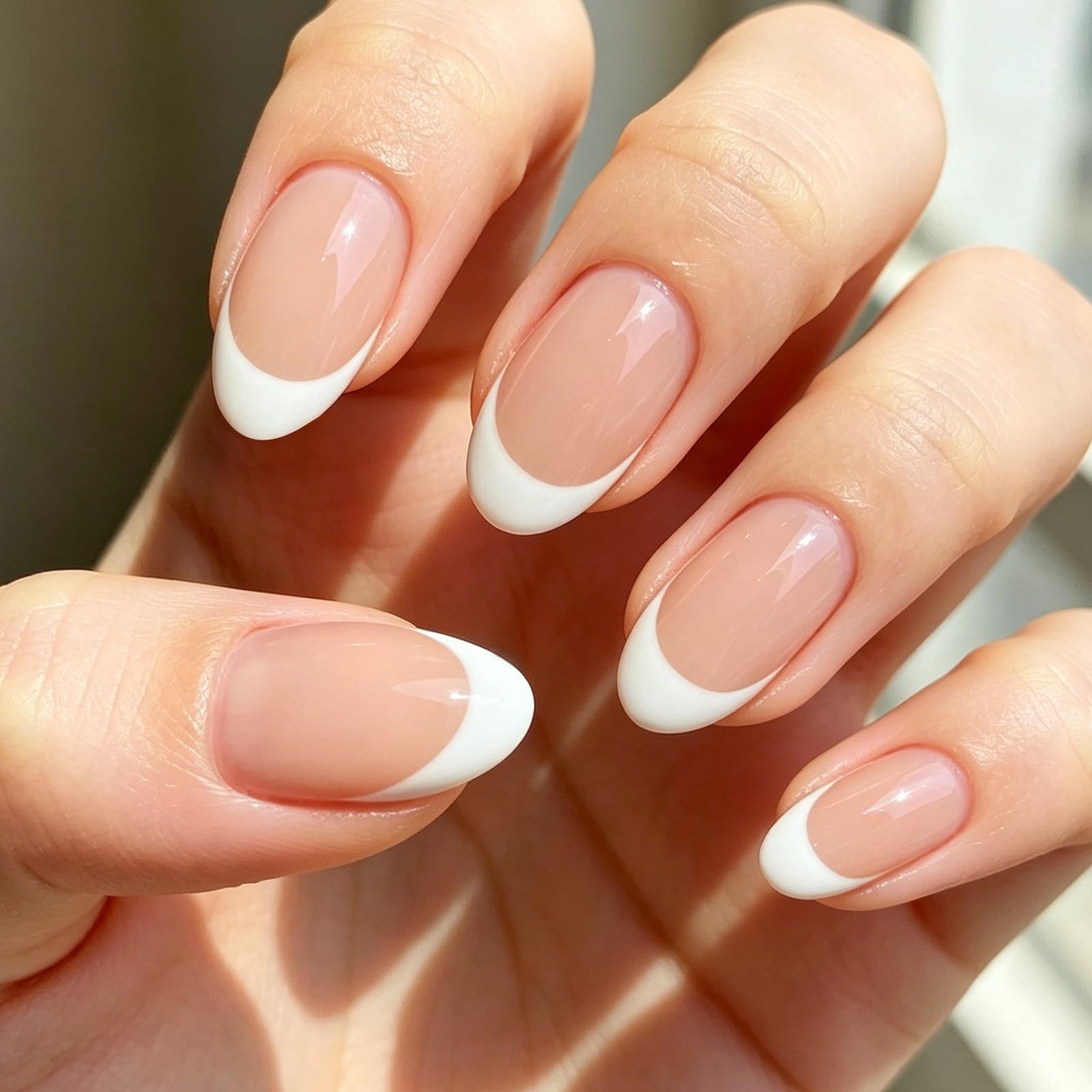 Modelones French Tip Press on Nails Short Almond, 32Pcs 16 Sizes Fake Nails