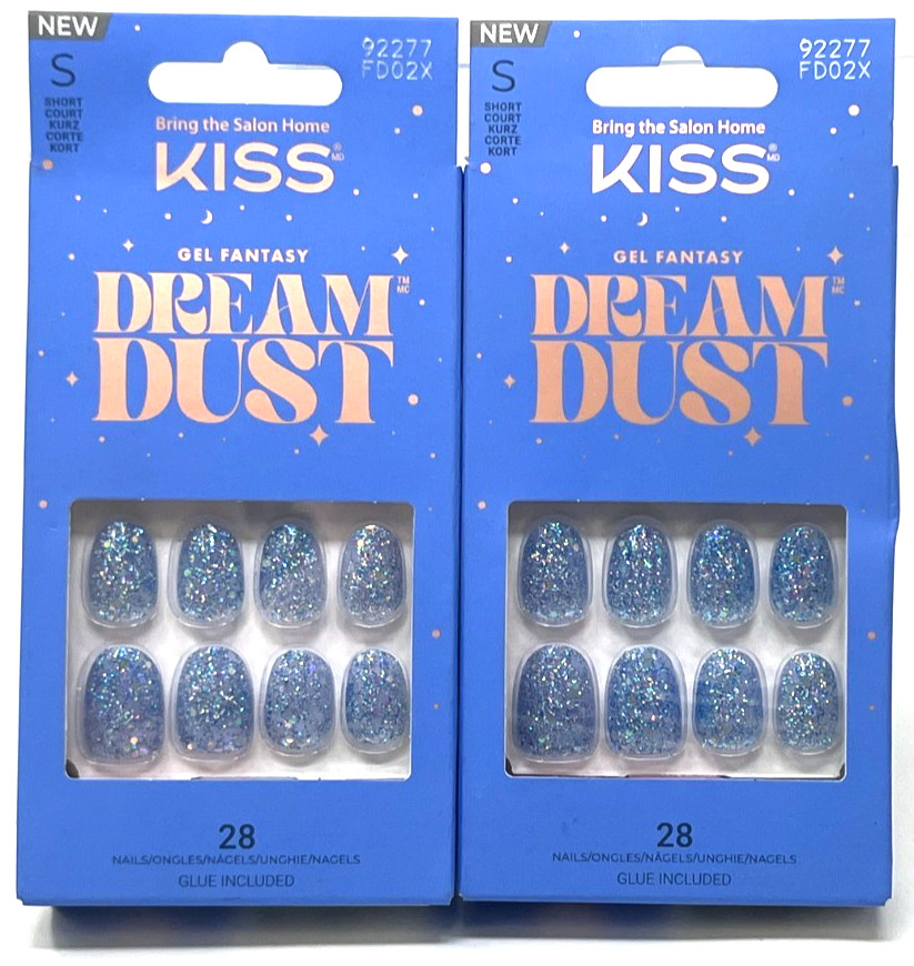 (2) Kiss Gel Fantasy Dream Dust Nails New In Packaging 92277 FD02X Blue Glitter