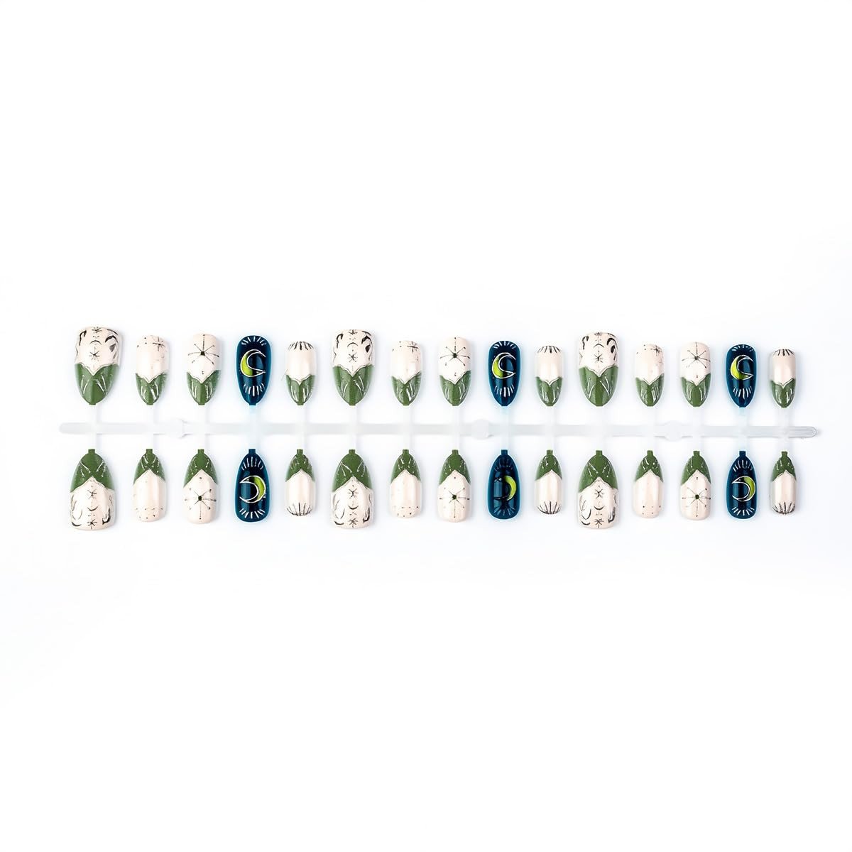 30Pcs Star Press on Nails Medium Almond Fake Nails Green French Tip False Nails
