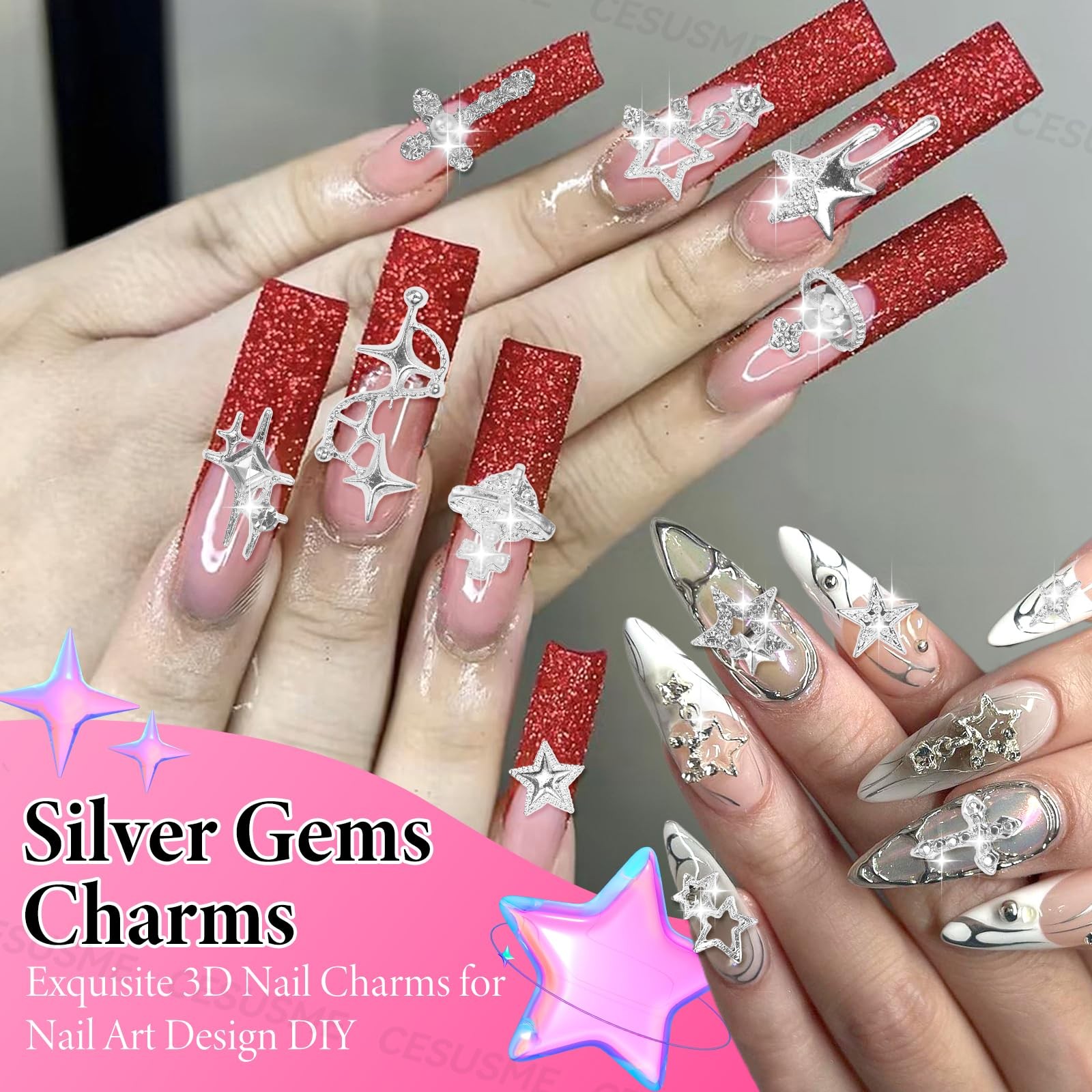 130 Pcs 3D Silver Star Cross Alloy Nail Charms, 21 Styles Y2K Metal Star Moon…