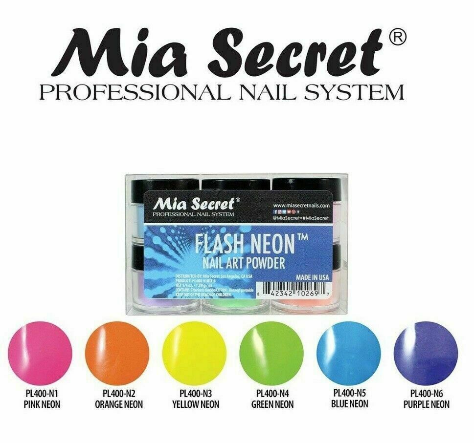 New Mia Secret Monomer 8 Ounce + FLASH NEON Nail Art Powder 6 Colors Collection