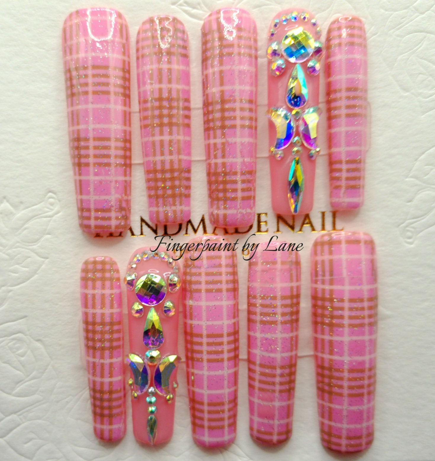 XXLong Square Pink Plaid Press On Nails – Medium Size