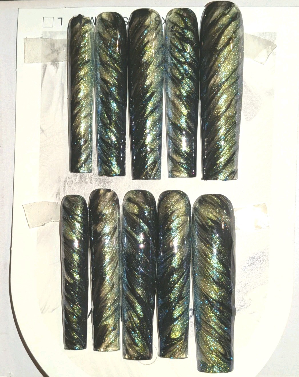 Hand crafted Black/Green custom cateye 10pc 3xl acrylic press on nails sz Medium