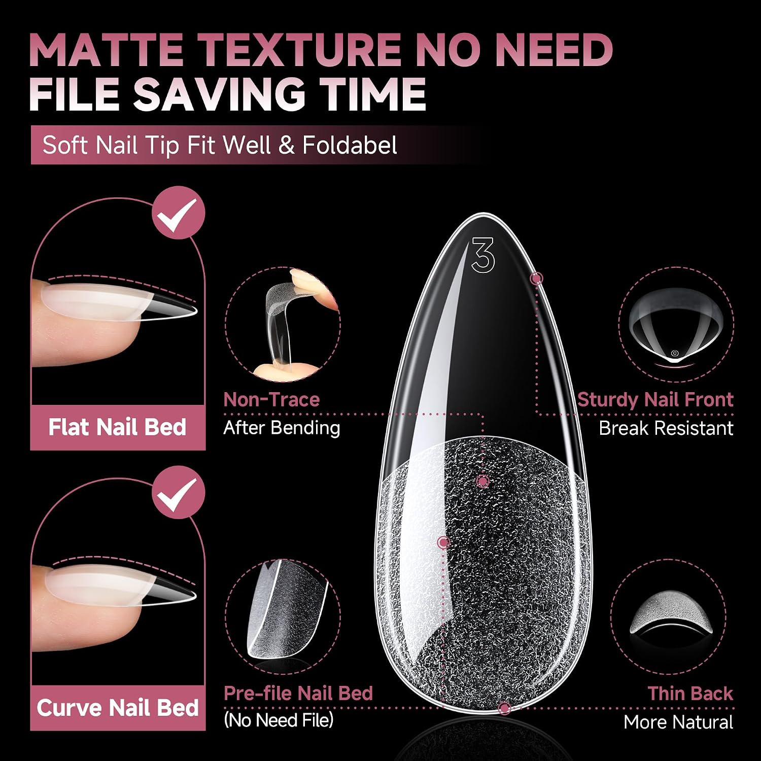 Medium Almond Gel Nail Tips Half Matte 312Pcs Almond Gel Nails No C Curve Clear