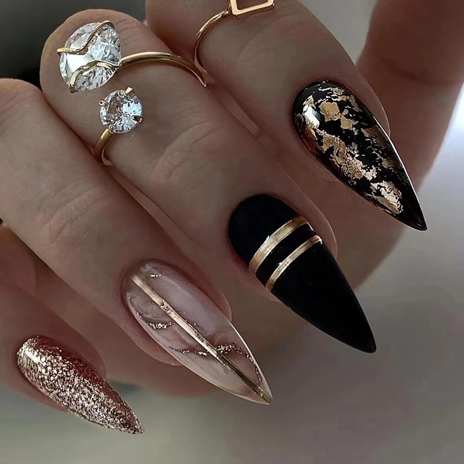 Black French Tip Press on Nails Almond Medium Artificial Acrylic Fake Nails w…
