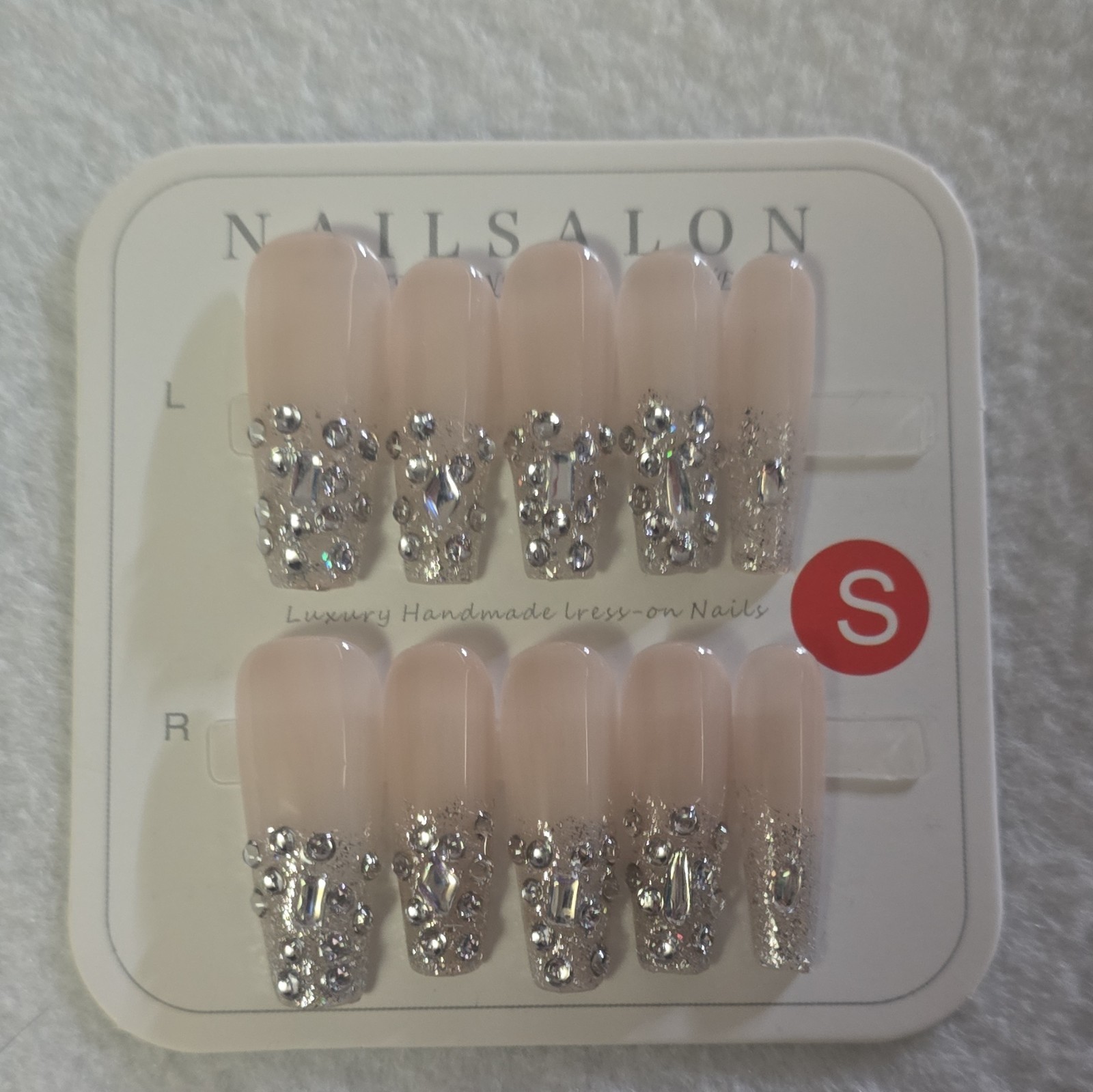 NAILSALON Short Square Silver 3D Rhinestone Shiny Full Cover Press-On Nails #17
