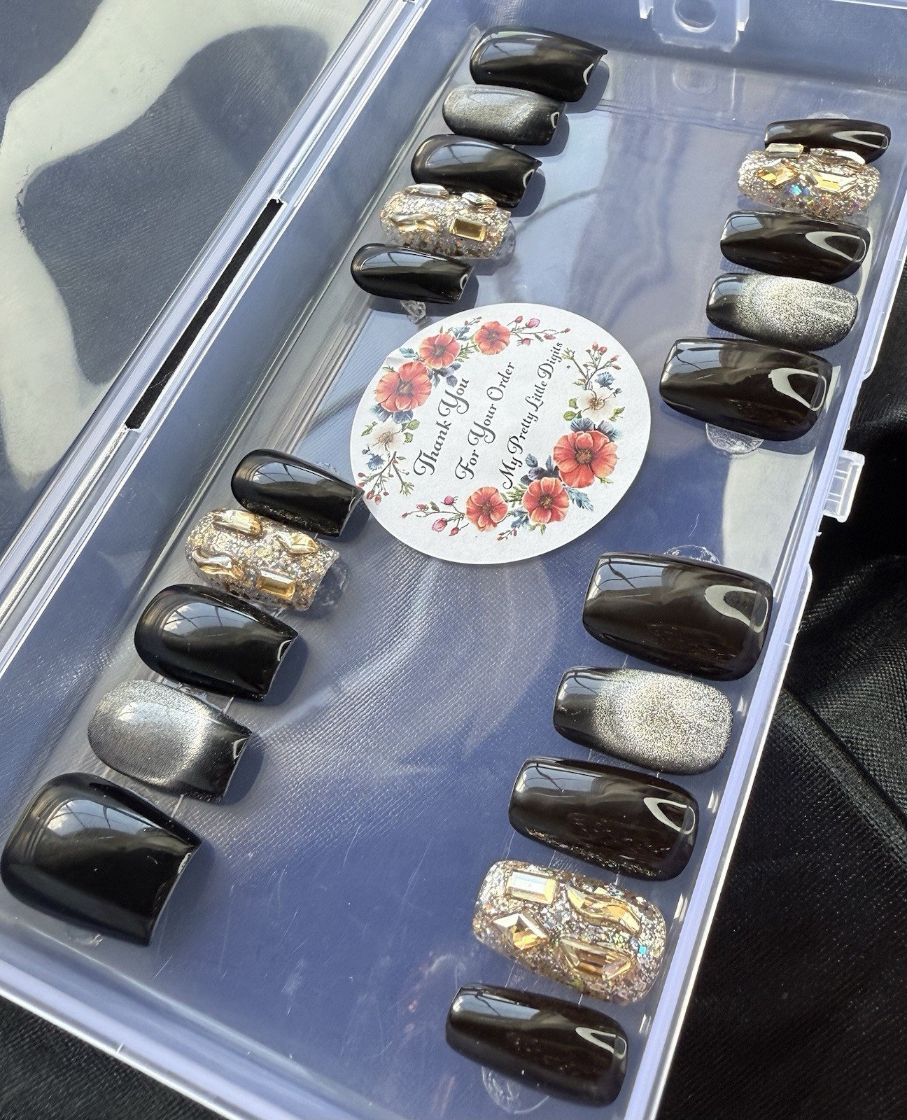 Handmade Press On Nails, Champagne Diamond, Black French~Includes Free Gifts💝