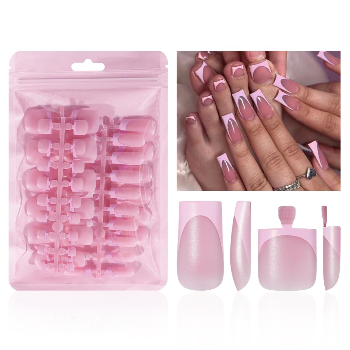 60Pcs French Tip Press on Nails & Toenails Set,Pink Medium, Style-6