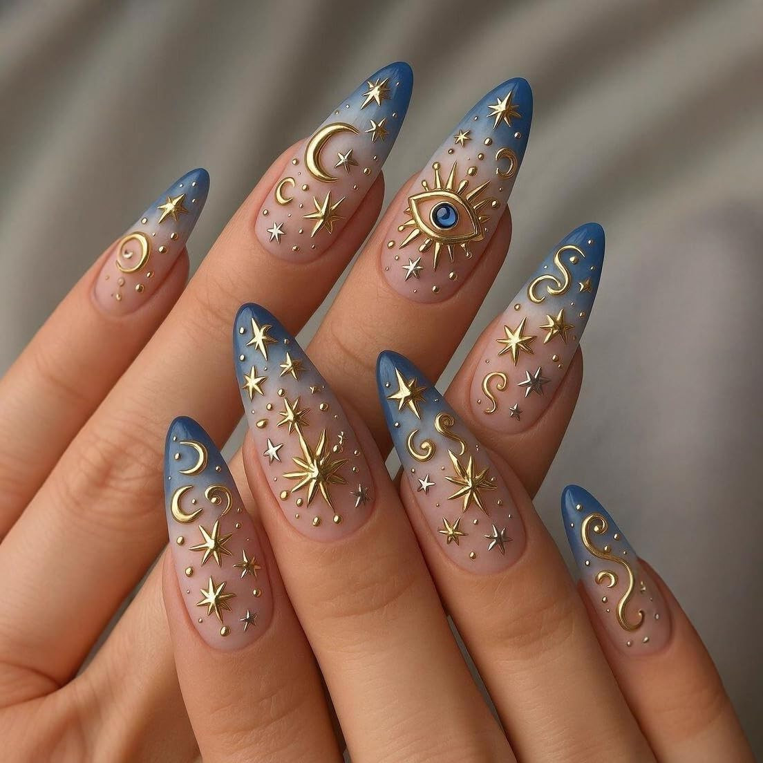 Gold Star Press on Nails Medium Almond Fake Nails Blue Ombre False Nails with 3D