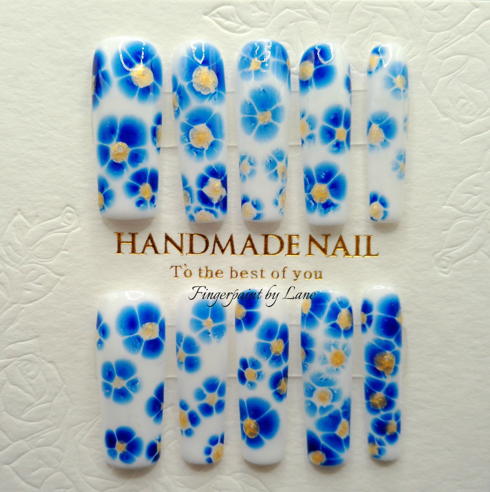 XXL Square Blue and White Floral Press On Nails – Medium Size