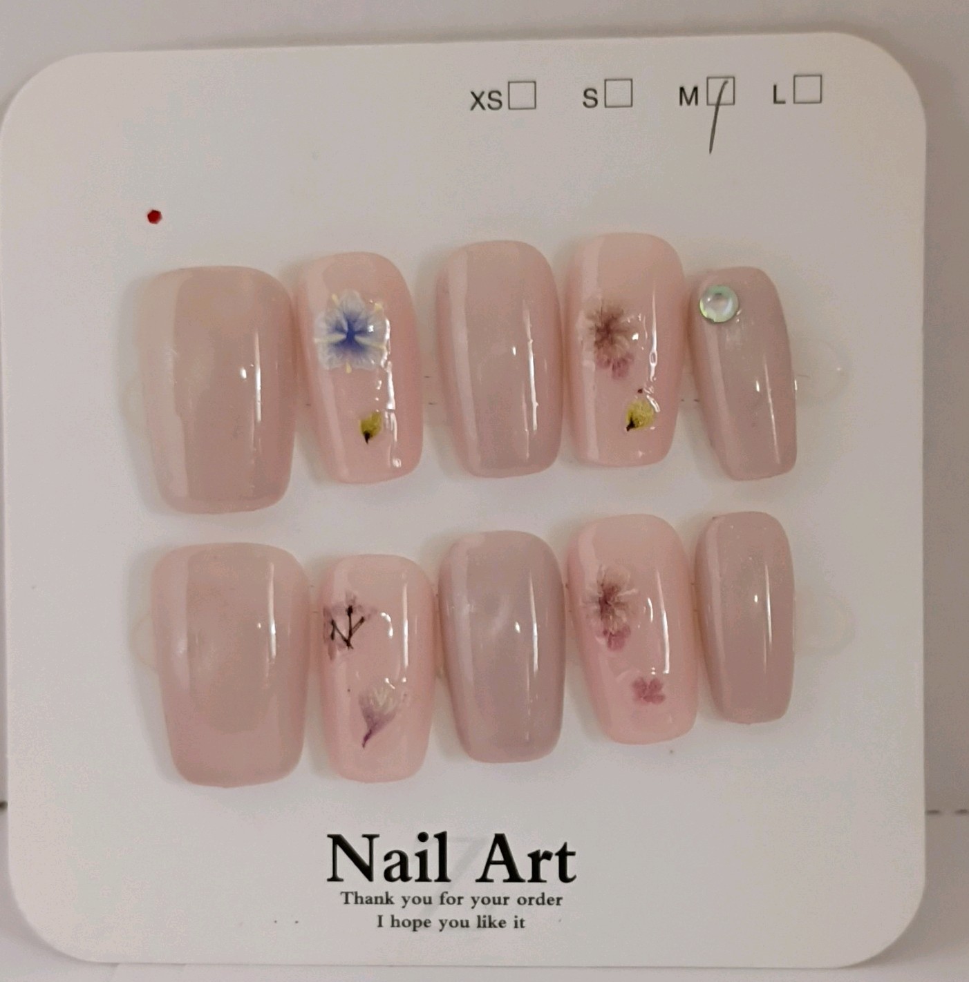 Press-On Nails Pink Shiny Floral Coffin Short, Size M