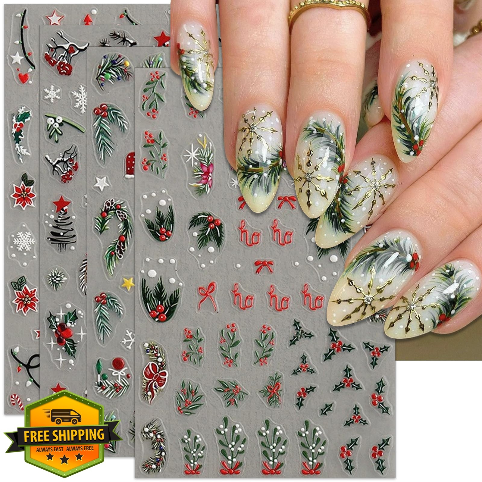 IDDFEVE Christmas Nail Stickers Holly Leaf Berries 4 Sheets