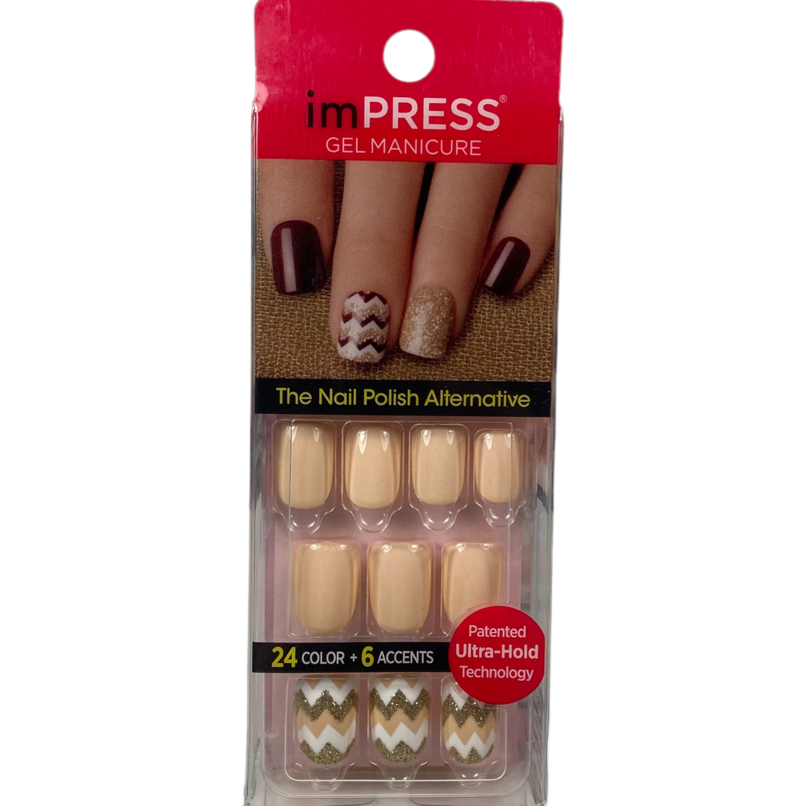 NEW Kiss Nails Impress Press On Manicure Short Gel Beige Nude White Gold Zig Zag