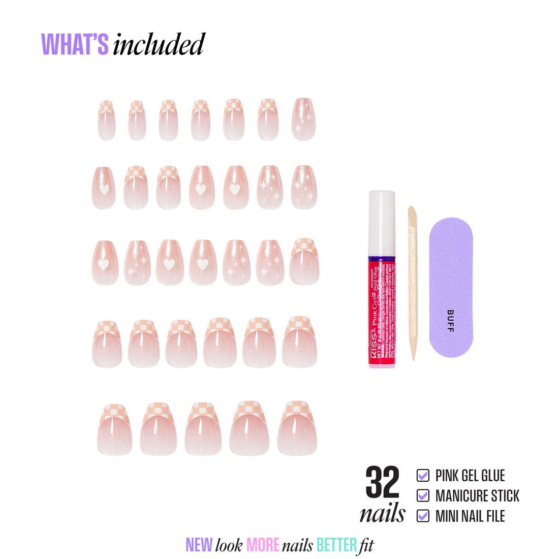 KISS 32 GLUE ON NAILS VALENTINES DAY CHEERS PINK SHORT COFFIN WITH WHITE HEARTS