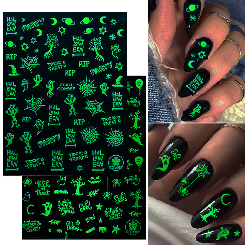 Halloween Nail Art Sticker Fluorescent Skull Spider Witch Ghost Pumpkin Bat NS43