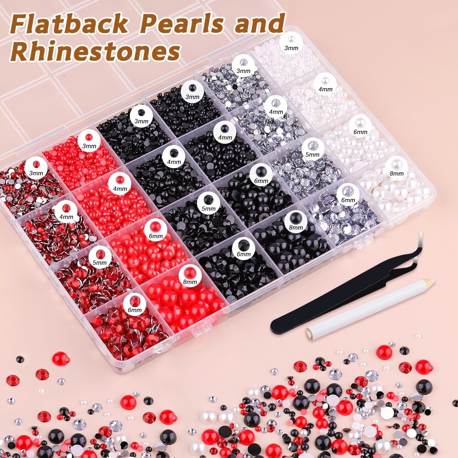 14000PCS Flatback Pearls and Rhinestones for Bedazzling Kit, Red White Black …