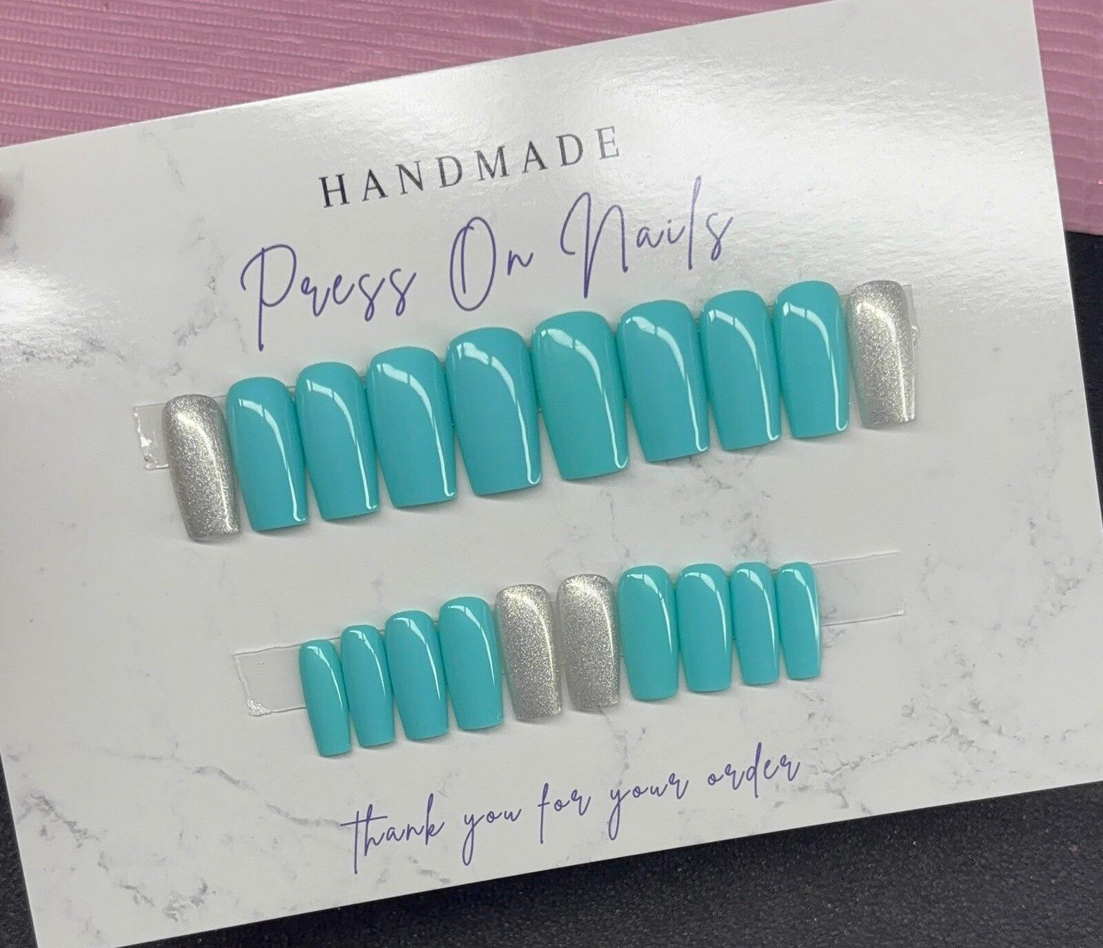 Medium square Press on nails silver glitter teal light blue handmade custom gel