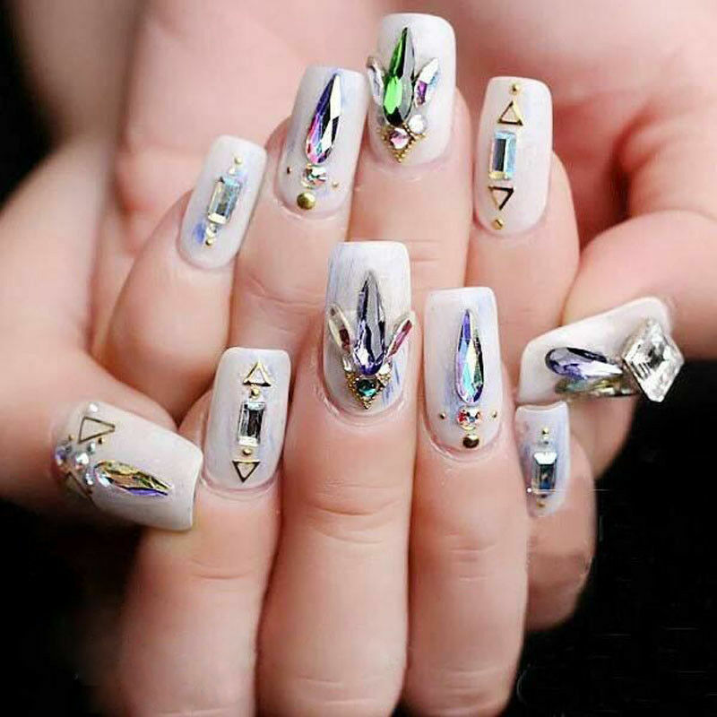10pcs 3D Nail Art Rhinestones Flat Shaped Elongated Glass Colorful Stones Jargod