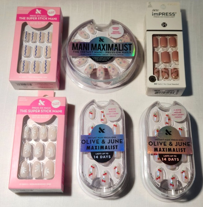 6 Different Press-On Nails Kits – 5 Olive & June and 1 imPRESS (BRAND NEW)