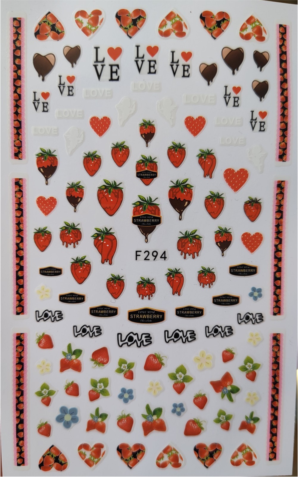 Nail Art 3D Decal Stickers strawberries in chocolate heart love flower cupidF294