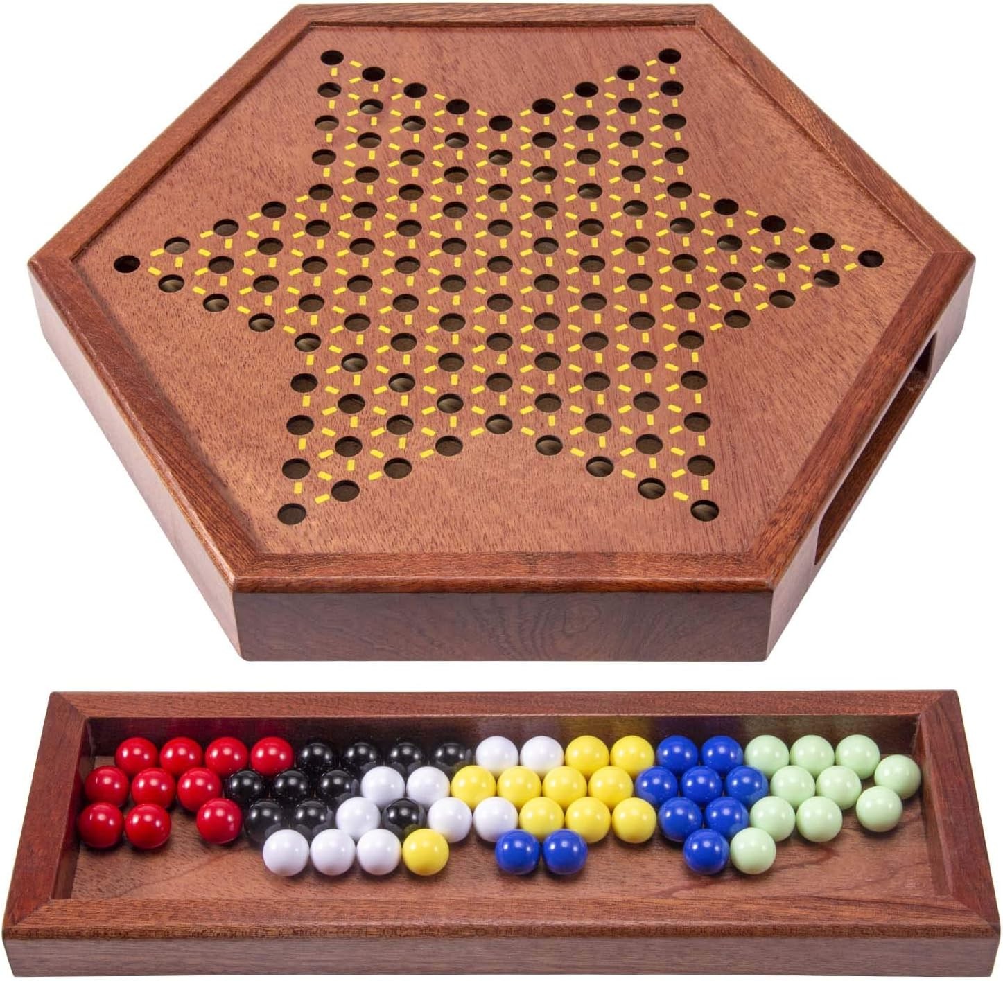 AMEROUS 12.5 inches Wooden Chinese Checkers Set with Storage Drawer – 60…