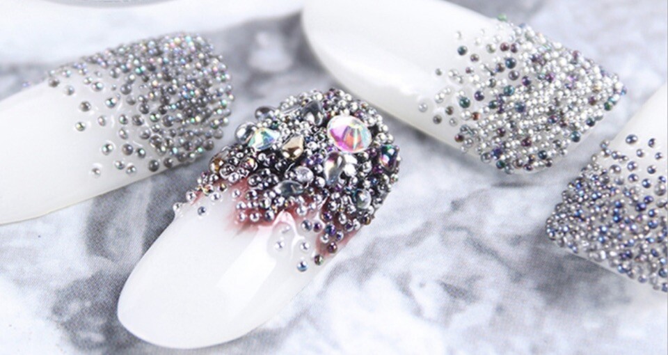 Metallic Nail Art Charm Beads Caviar 2 Sets Multiple Size Colors Plastic Sleeve