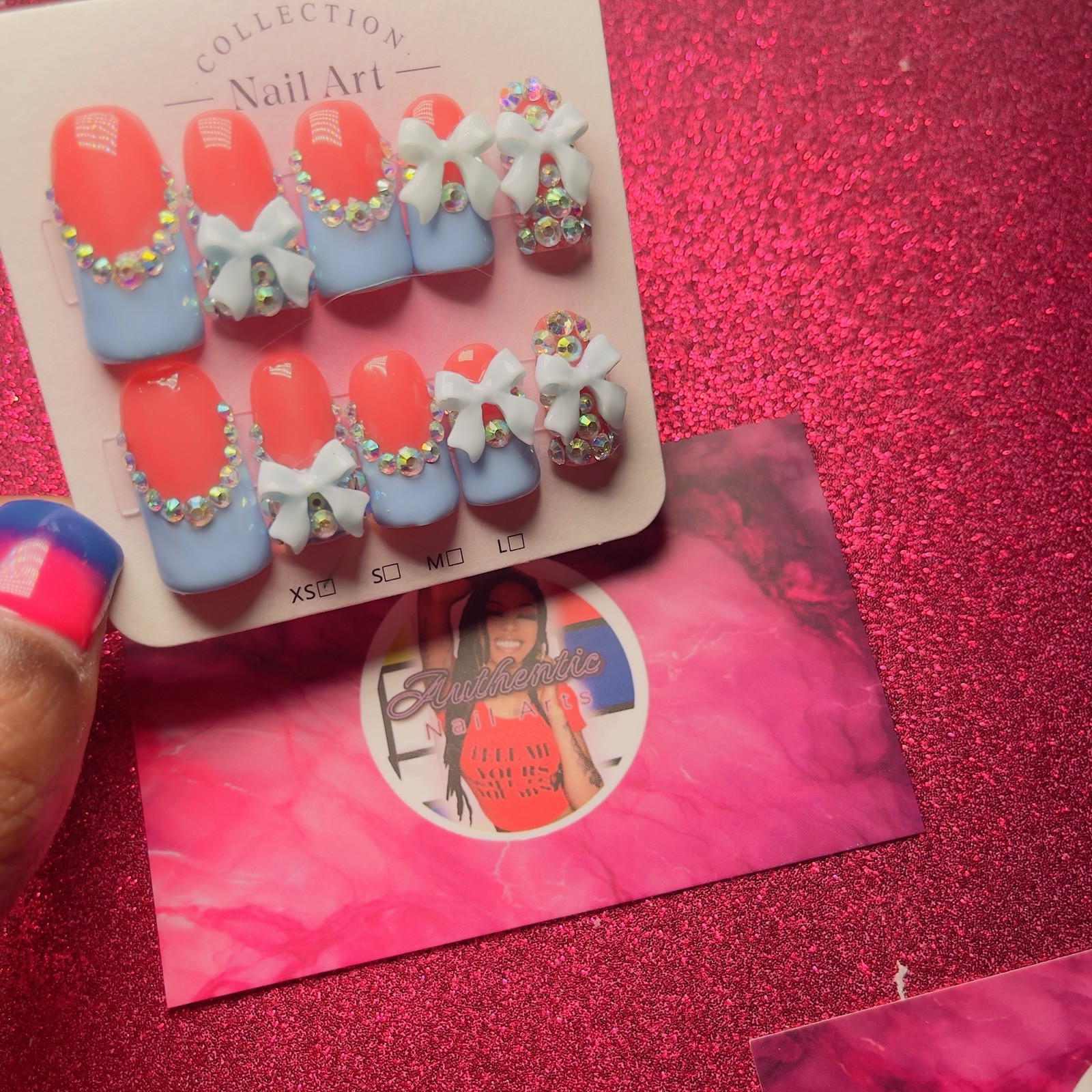 Baby Blue 3D Bow Crystal Press-On Nails Short Square 10pcs