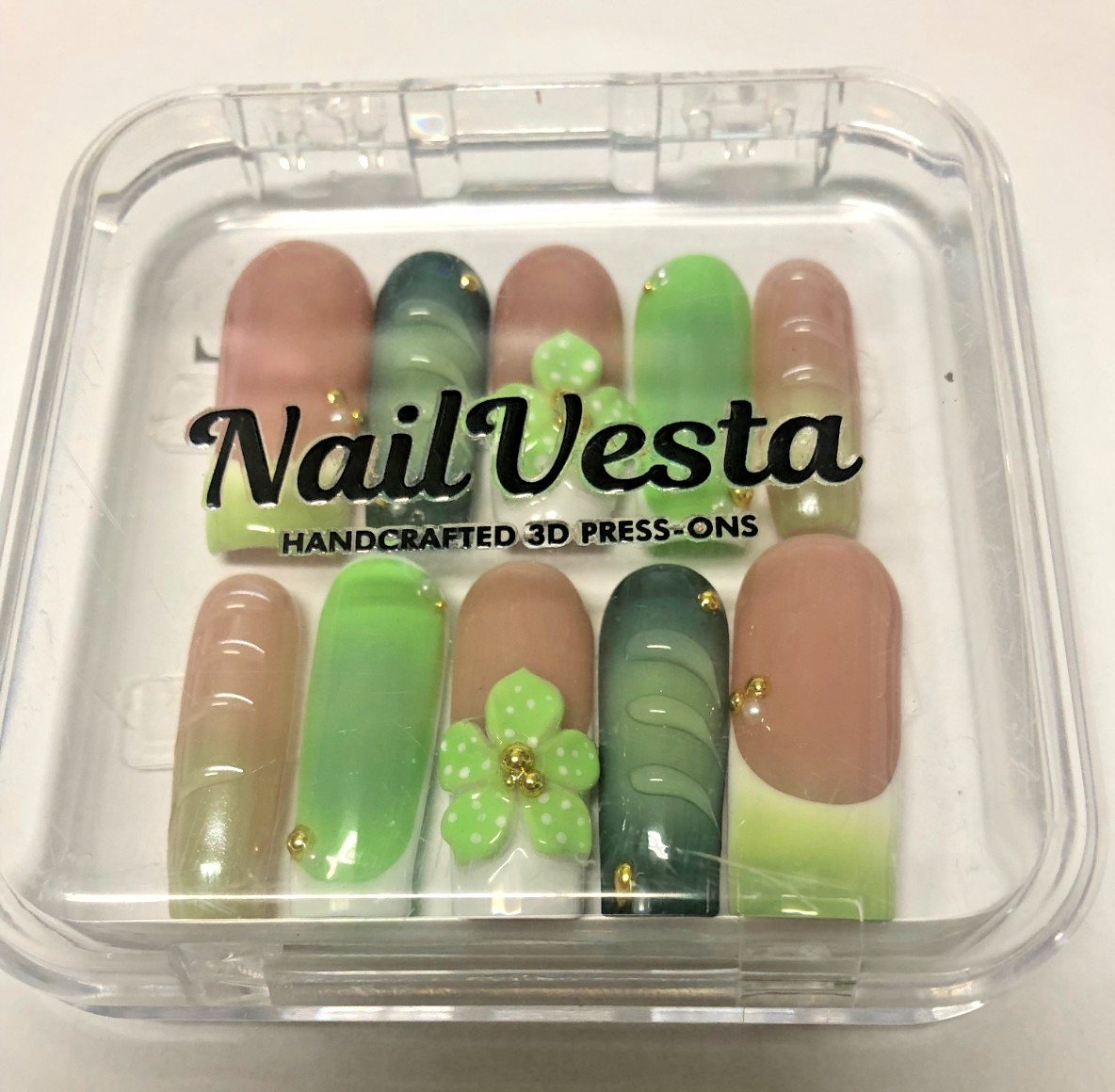 NailVesta Handcrafted 3D Nails Spring Summer Pink Green Floral Gold Reusable Lg