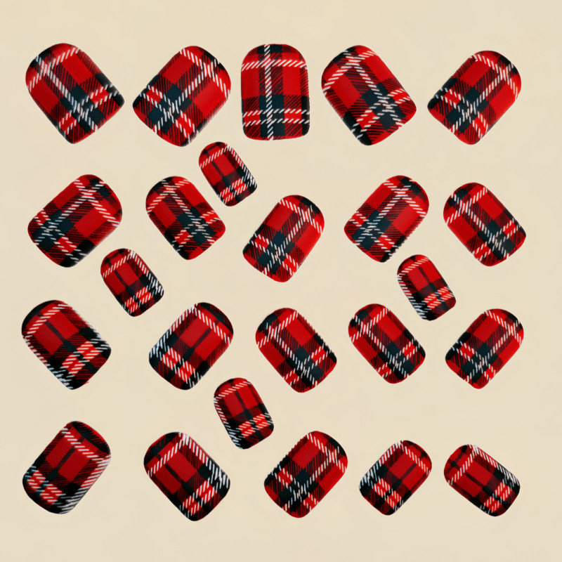 48 Pcs Red Plaid Short Square Press on Nails, Vintage Preppy Nude Fake Nails