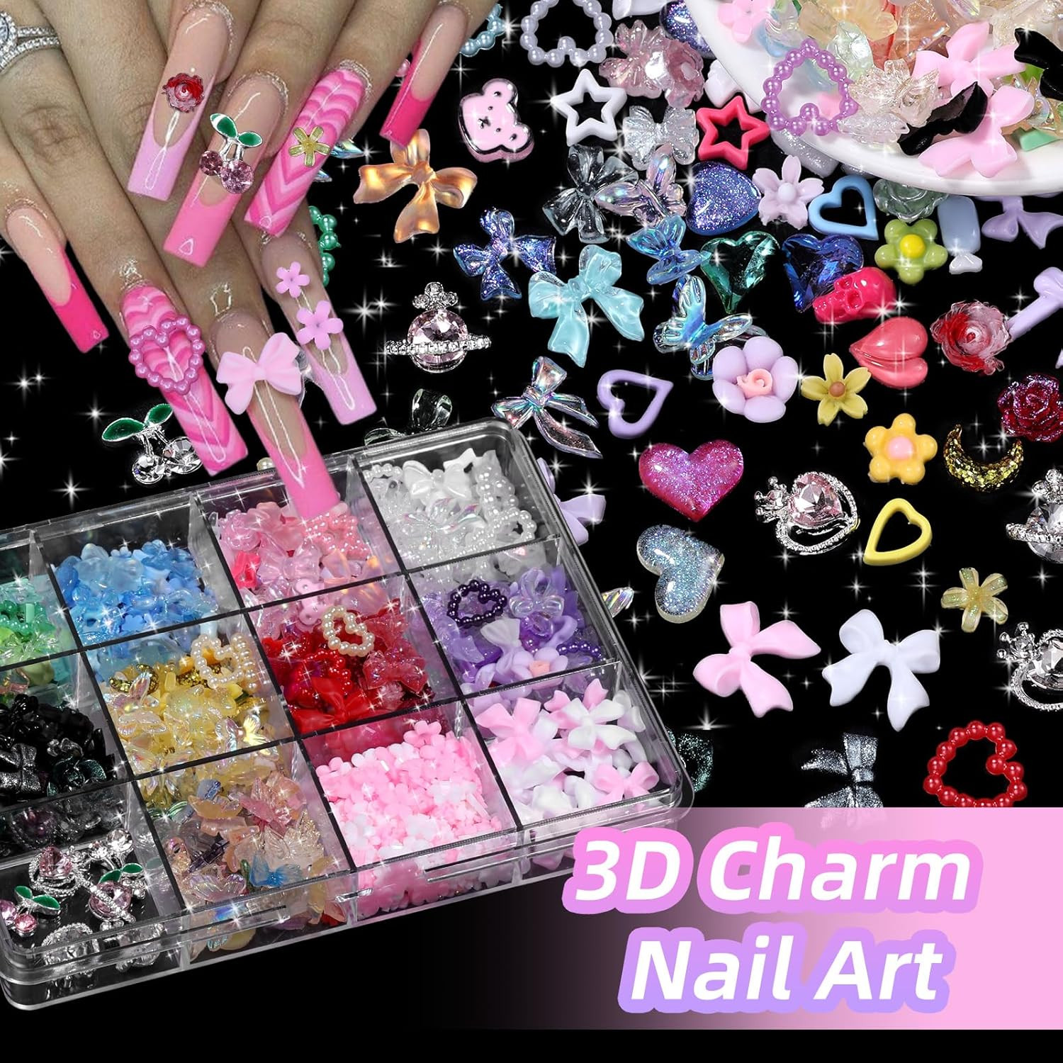 3D Nail Charms and Gems Rhinestone Cherry Heart Planet Nail Charms, Junk Case Ch