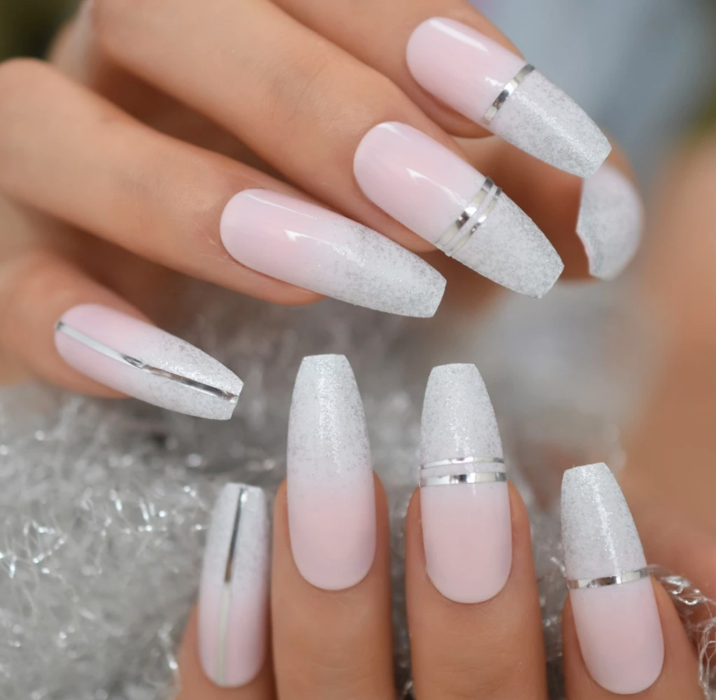 Pink Ombre French Tip Square Coffin Extra Long Fake Acrylic False Press On Nails