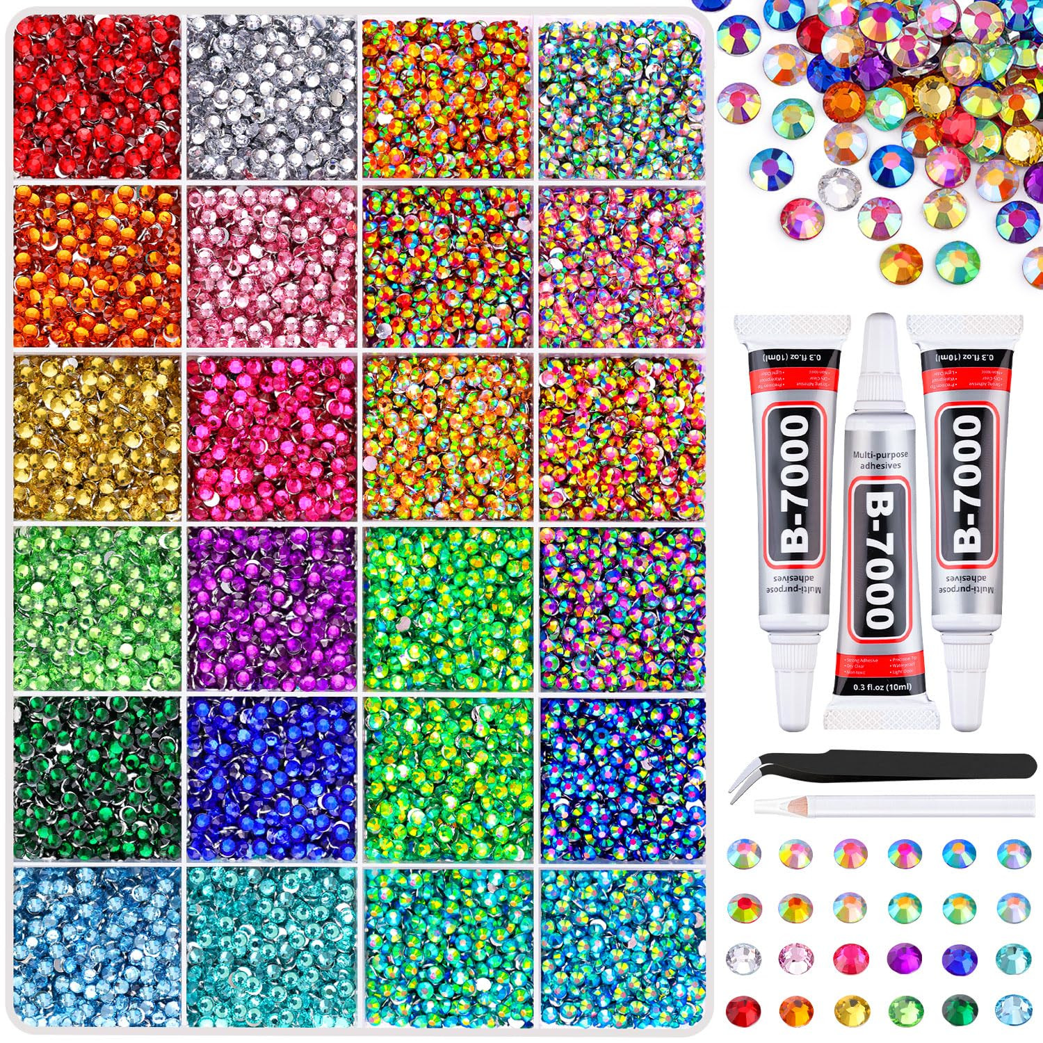 24000Pcs Resin Rhinestones with Tweezers for Crafting, Mixed-Color 3Mm Bedazzlin