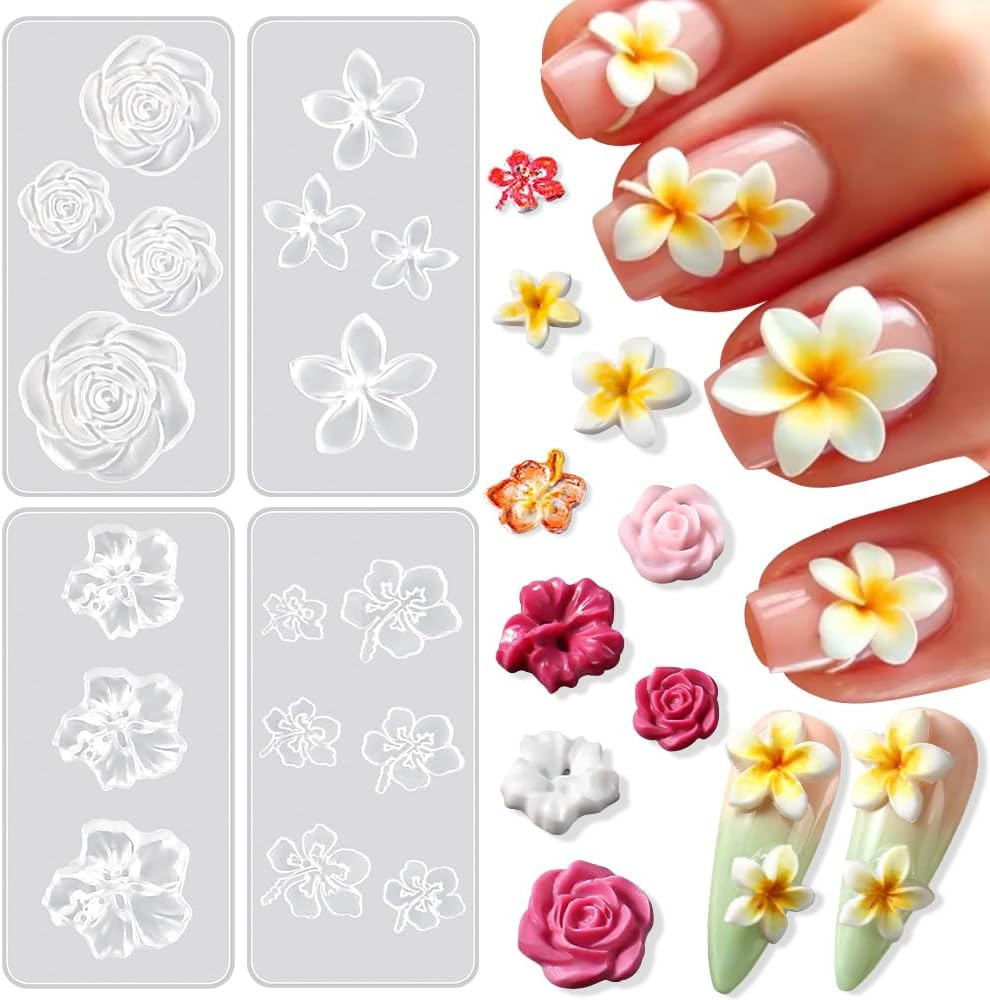 4Pcs Flower Nail Charms Silicone Molds 3D Gel Nail Art Mold Plumeria Cherry